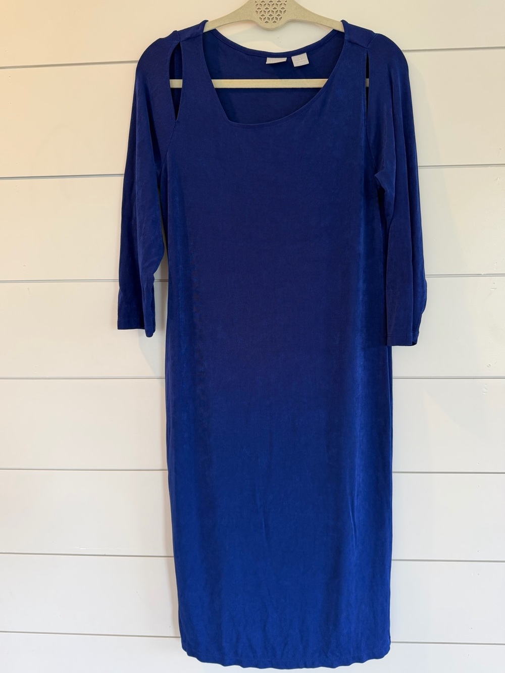 CHICOS Travelers Cold Shoulder Dress 1 (M 8/10) Royal Blue Slinky Knit Cutout